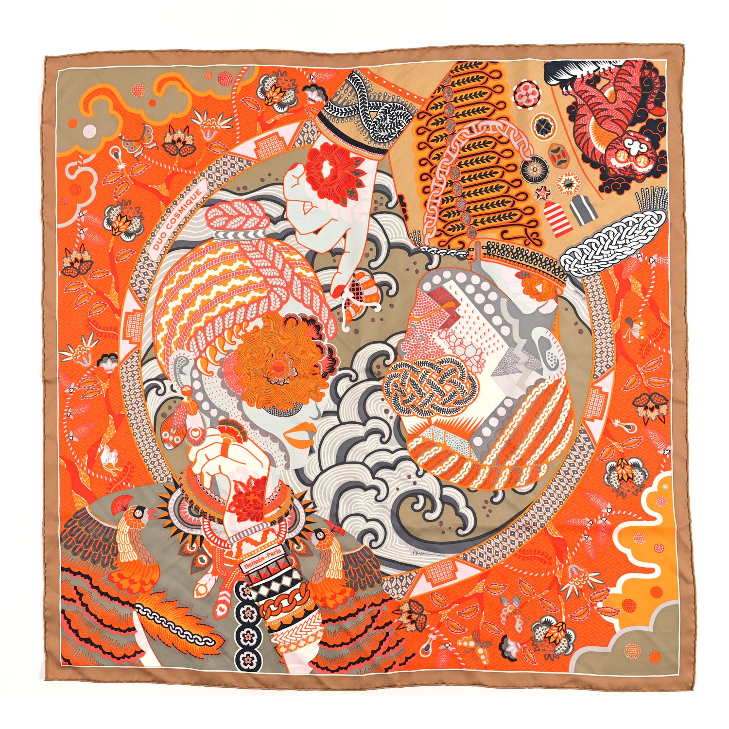 Hermes Silk Twill Duo Cosmique Scarf 90 Caramel Orange Gris 1 of 3