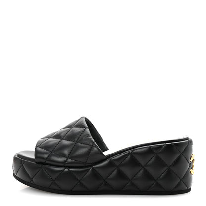 Chanel Lambskin Quilted Camelia CC Wedge Sandal Mules 38.5 Black 1 of 10