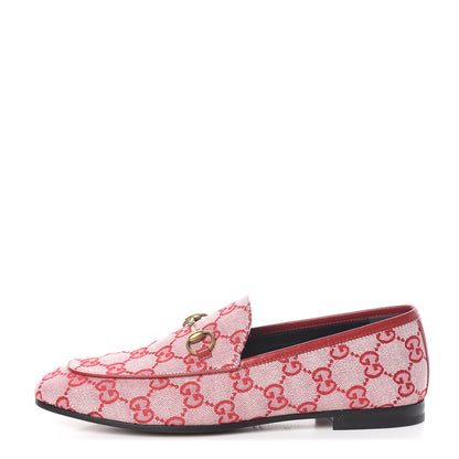 Gucci Canvas GG Monogram Horsebit Womens Jordaan Loafers 37.5 Gardenia Hibiscus Red 1 of 9