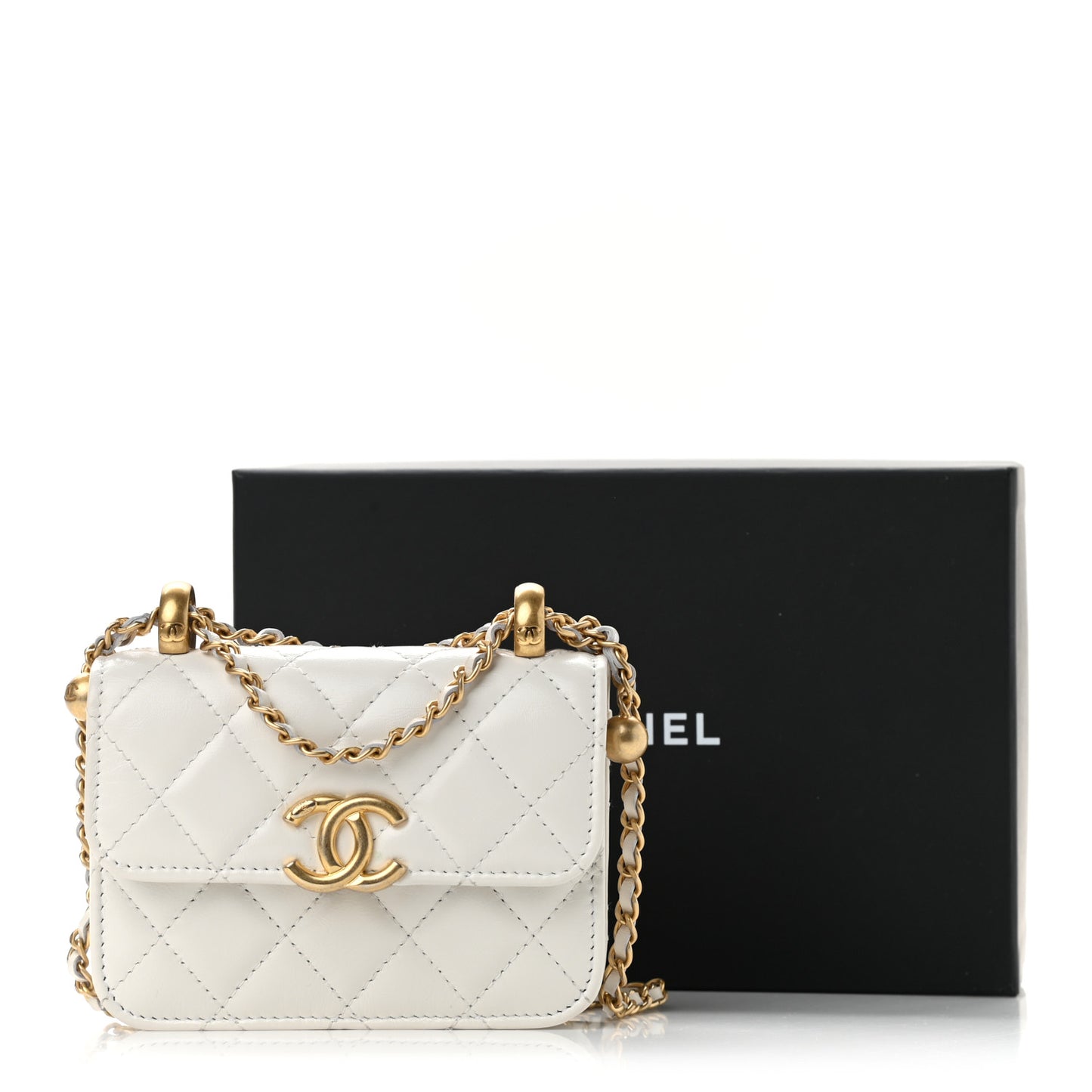 Calfskin Quilted Perfect Fit Coin Purse With Chain White