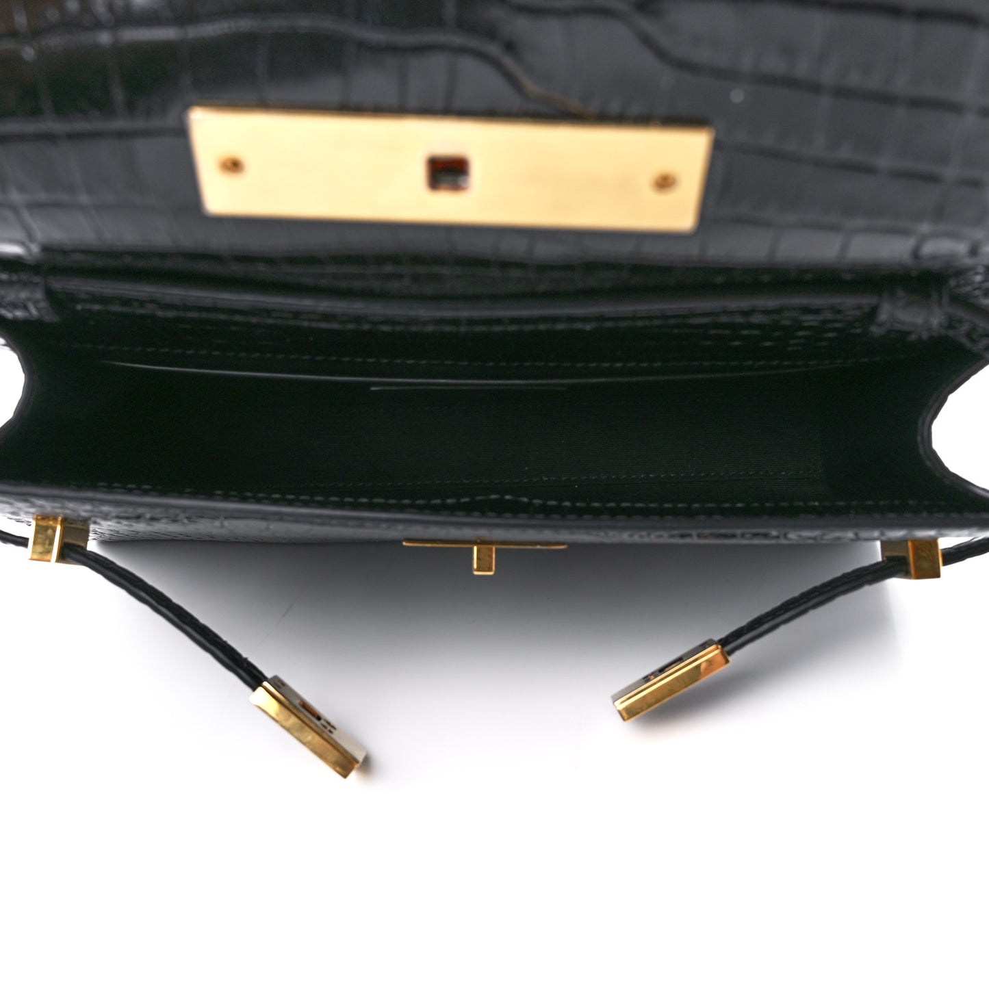 Shiny Calfskin Crocodile Embossed Small Manhattan Baguette Black