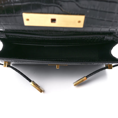 Saint Laurent Shiny Calfskin Crocodile Embossed Small Manhattan Baguette Black 5 of 12