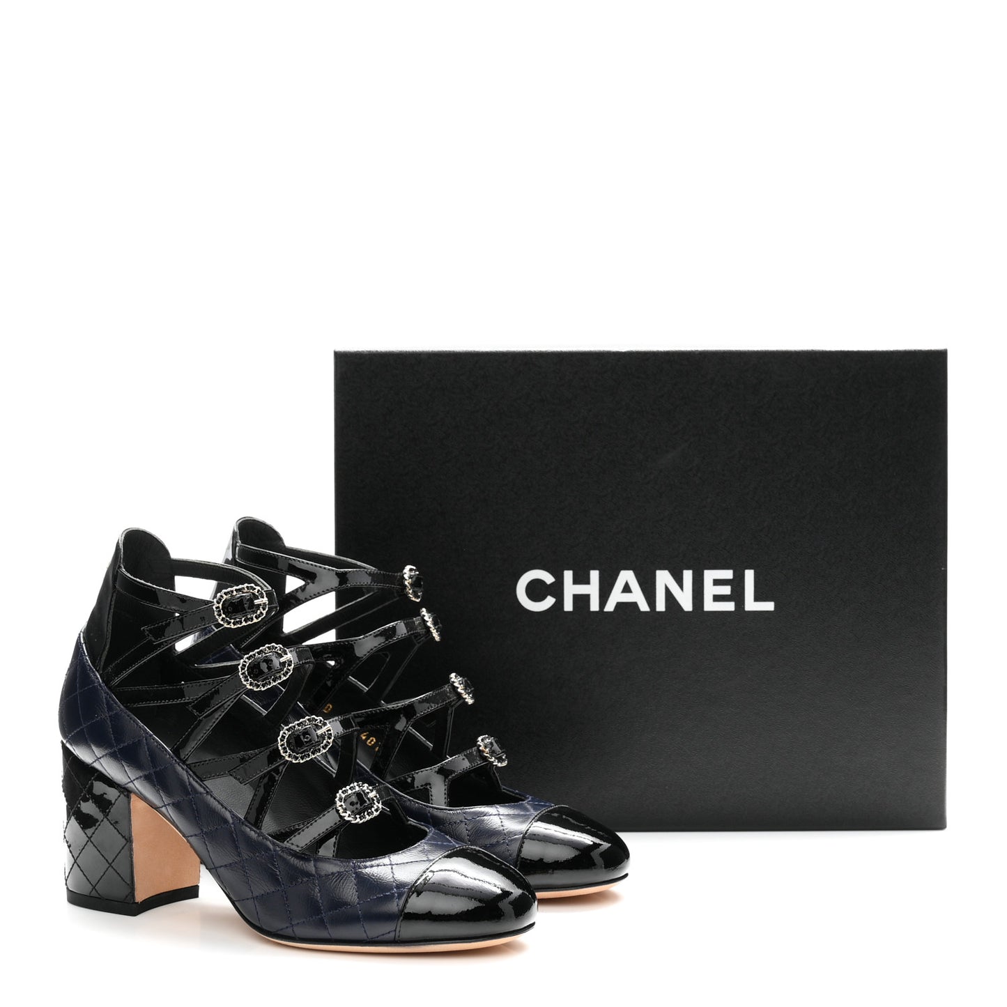 Patent Calfskin Quilted CC Cap Toe Pumps 35 Navy Black
