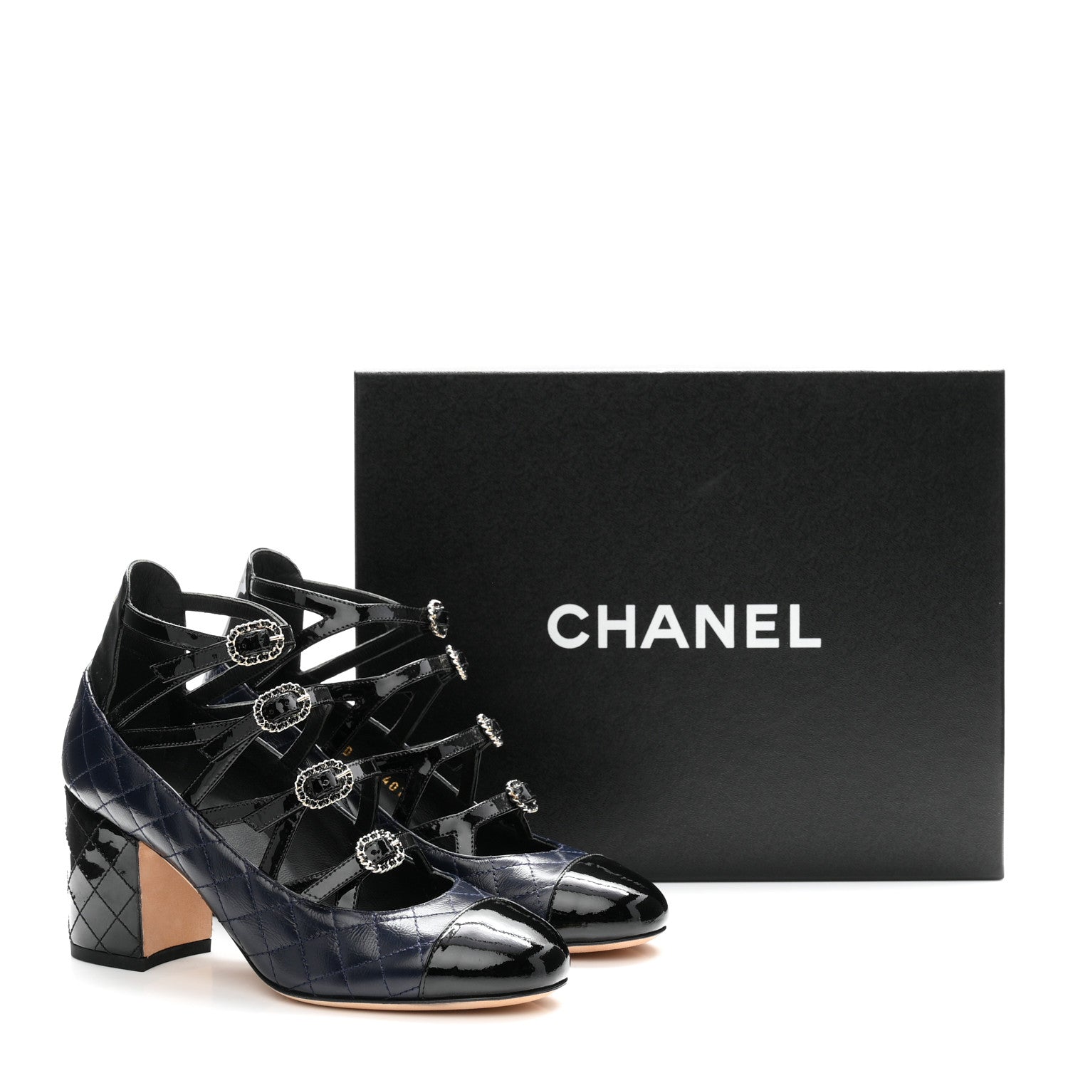 Chanel Patent Calfskin Quilted CC Cap Toe Pumps 35 Navy Black 10 of 10
