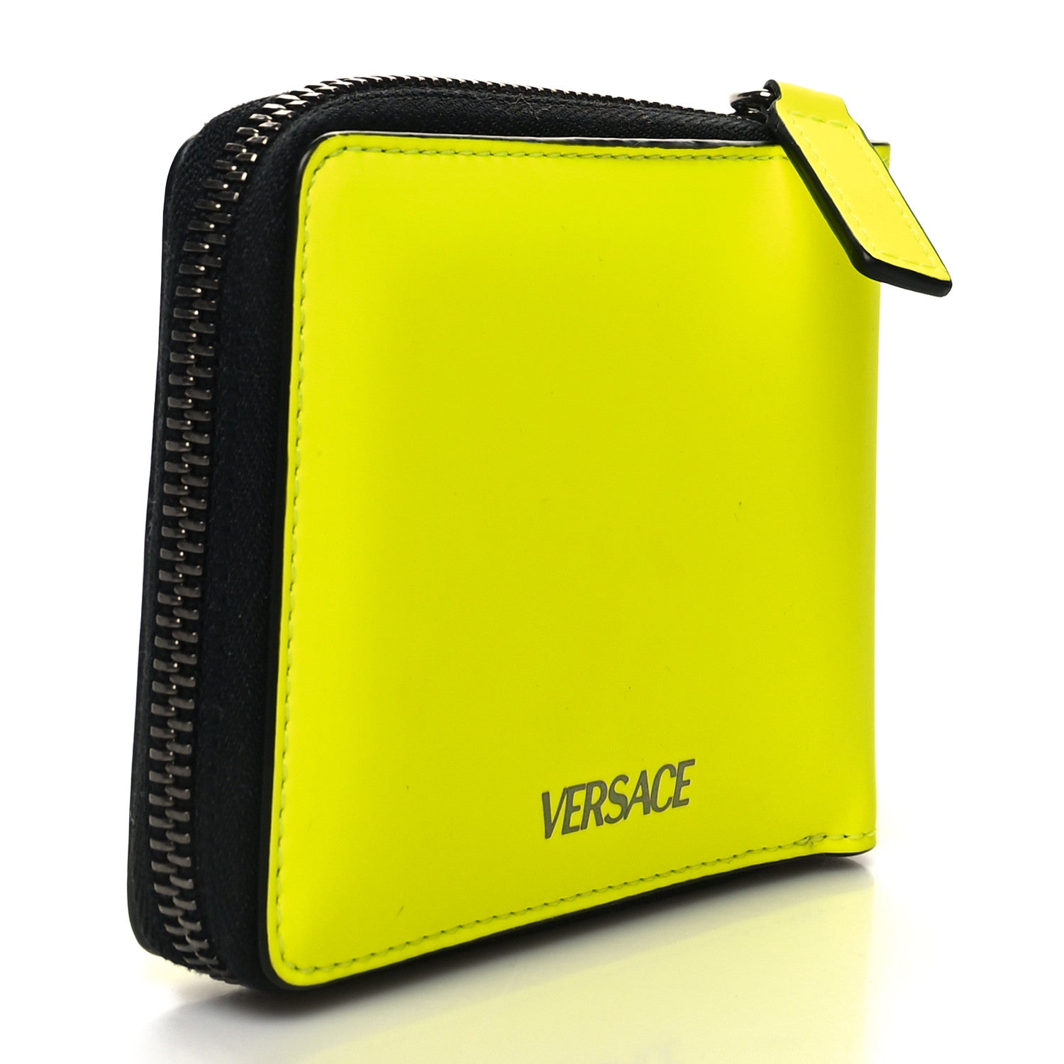 Versace Calfskin Rubber Medusa Biggie Bifold Compact Zip Around Wallet Fluorescent Yellow 3 of 8