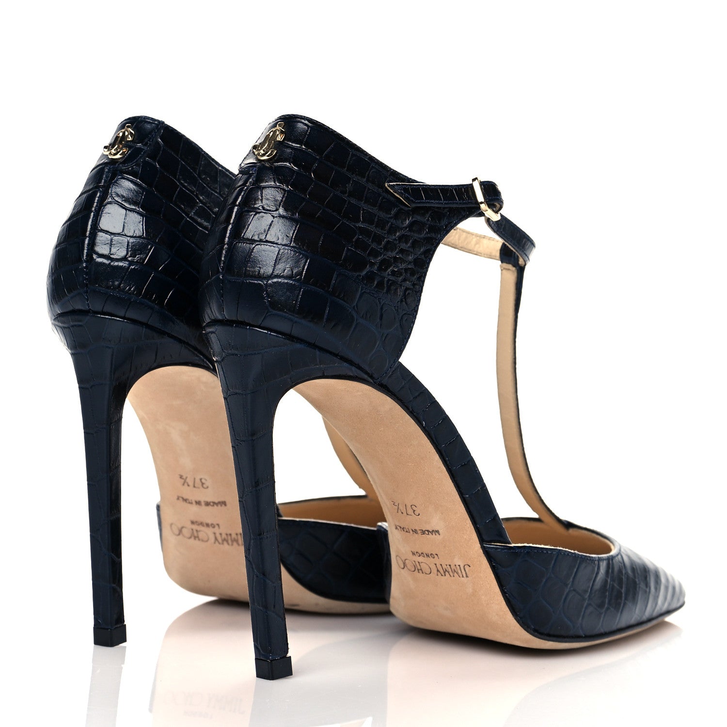 Jimmy Choo Crocodile Embossed Calfskin Lexica T- Strap 100 Pumps 37.5 Navy 4 of 7