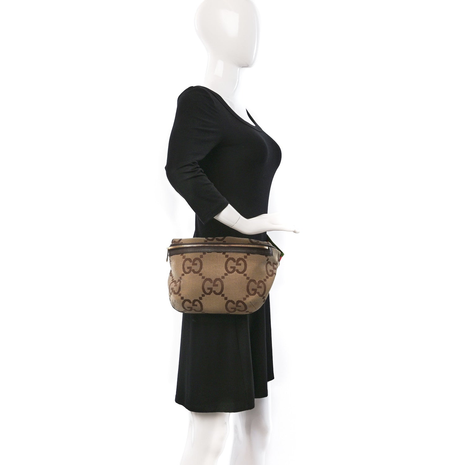 Gucci Monogram Jumbo GG Textured Dollar Calfskin Web Belt Bag Camel Ebony New Acero 2 of 8
