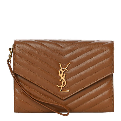 Saint Laurent Grain De Poudre Matelasse Chevron Monogram Cassandre Flap Pouch Natural Dark 1 of 11