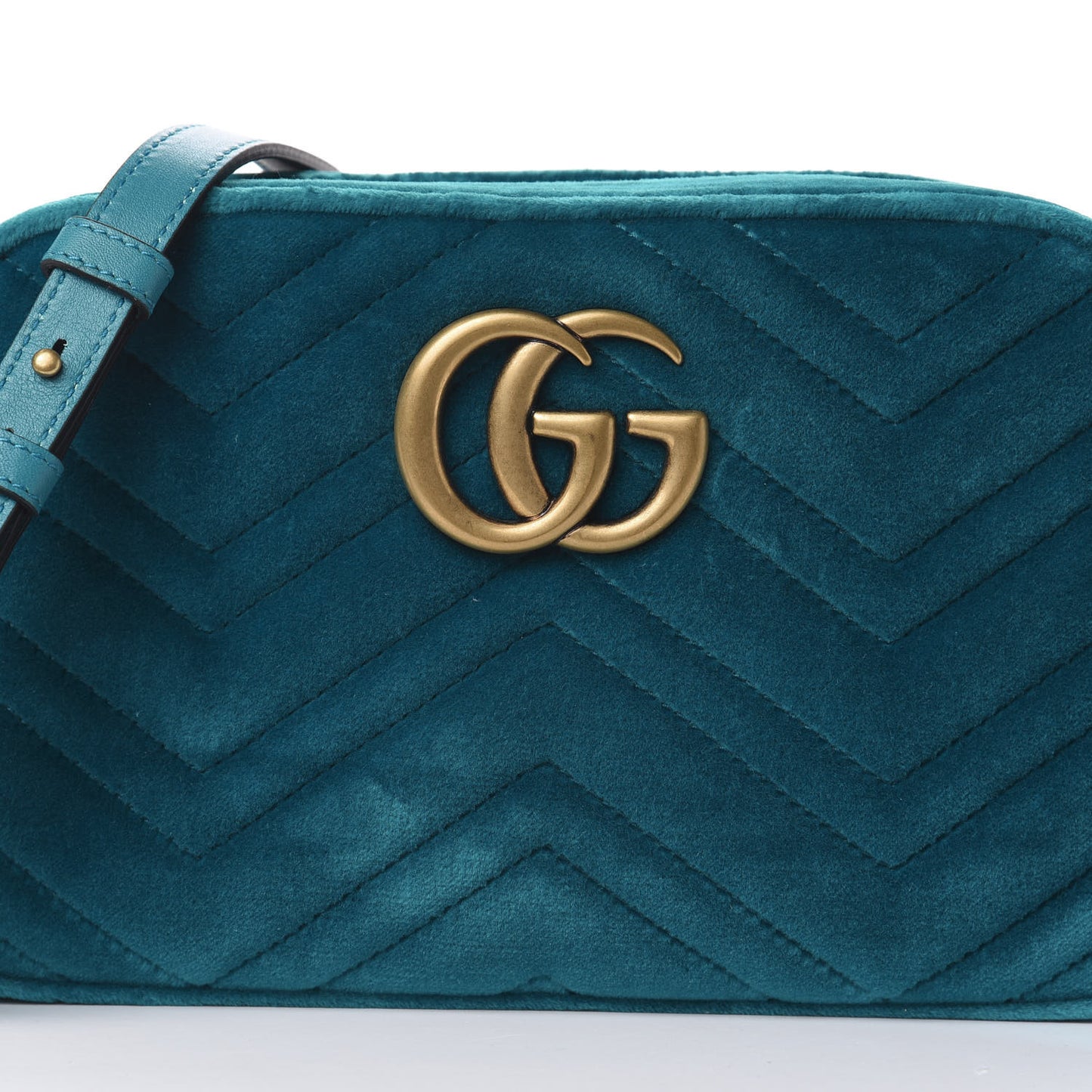 Velvet Matelasse Small GG Marmont Chain Shoulder Bag Pavone Cyan