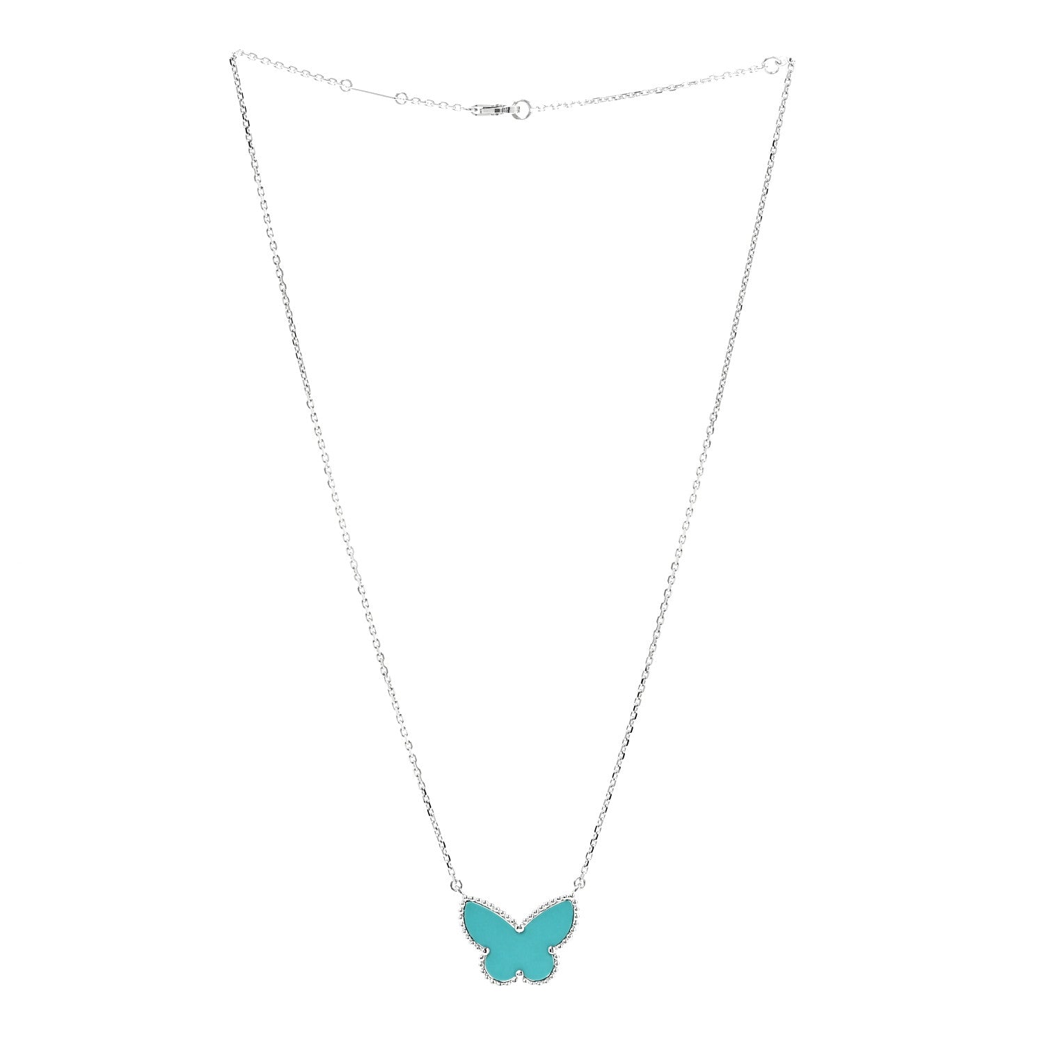 Van Cleef & Arpels 18K White Gold Turquoise Lucky Alhambra Butterfly Pendant Necklace 3 of 6