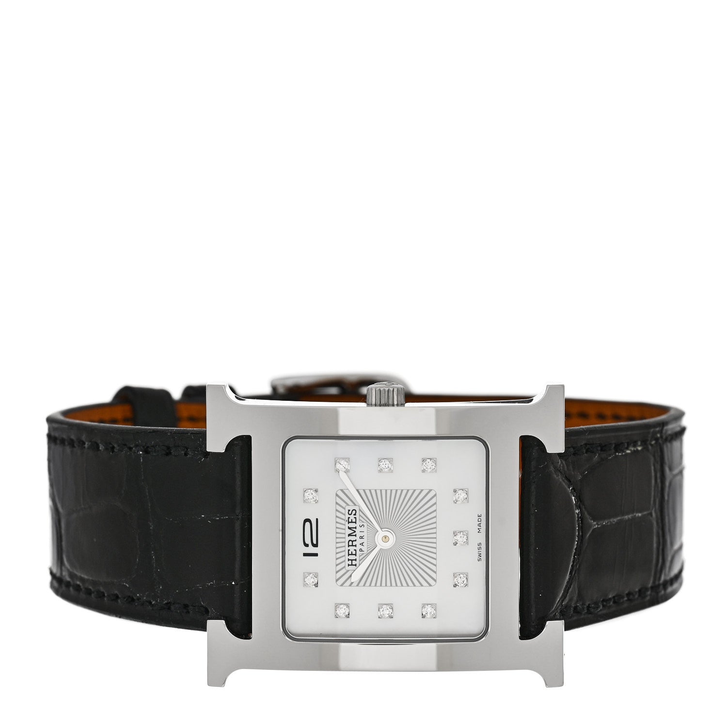 Hermes Stainless Steel Alligator Diamond Mother of Pearl 26mm Heure H Hour Quartz Watch Noir 2 of 5
