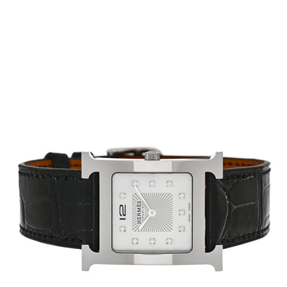 Hermes Stainless Steel Alligator Diamond Mother of Pearl 26mm Heure H Hour Quartz Watch Noir 2 of 5