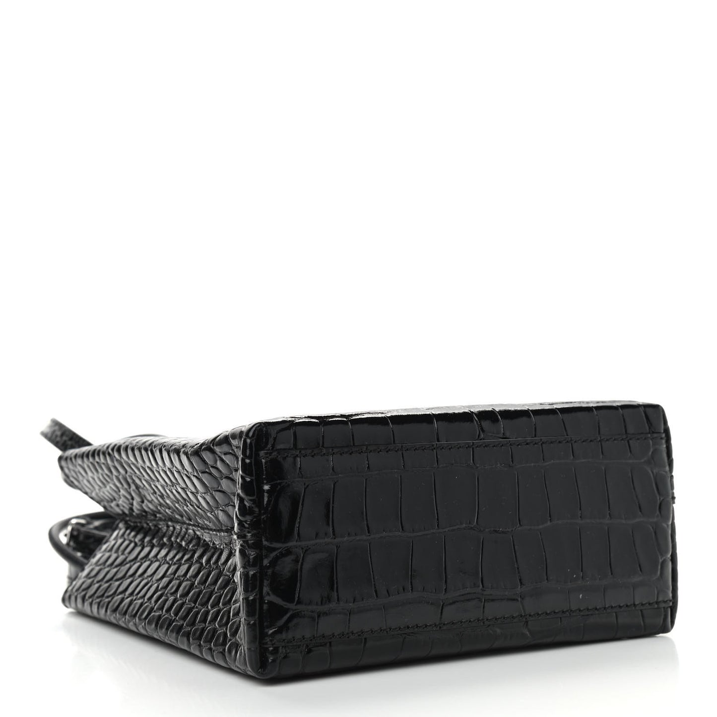 Shiny Calfskin Logo Crocodile Embossed North South Shopper Tote XXS Black White