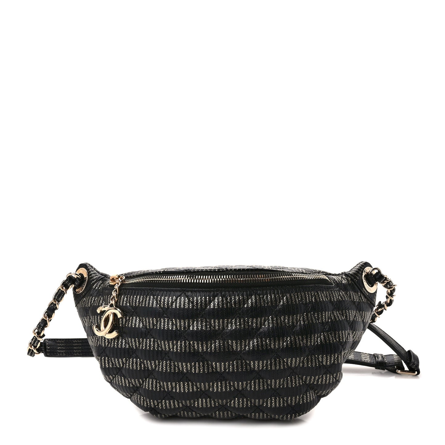Metallic Caviar Quilted Waist Bag Black Gold