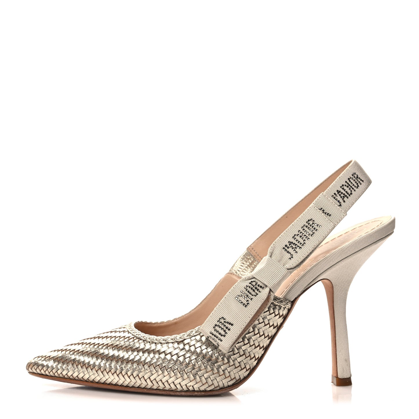 Laminated Calfskin Ribbon Crystal Woven J'Adior Slingback 100mm Pumps 40 Pale Gold