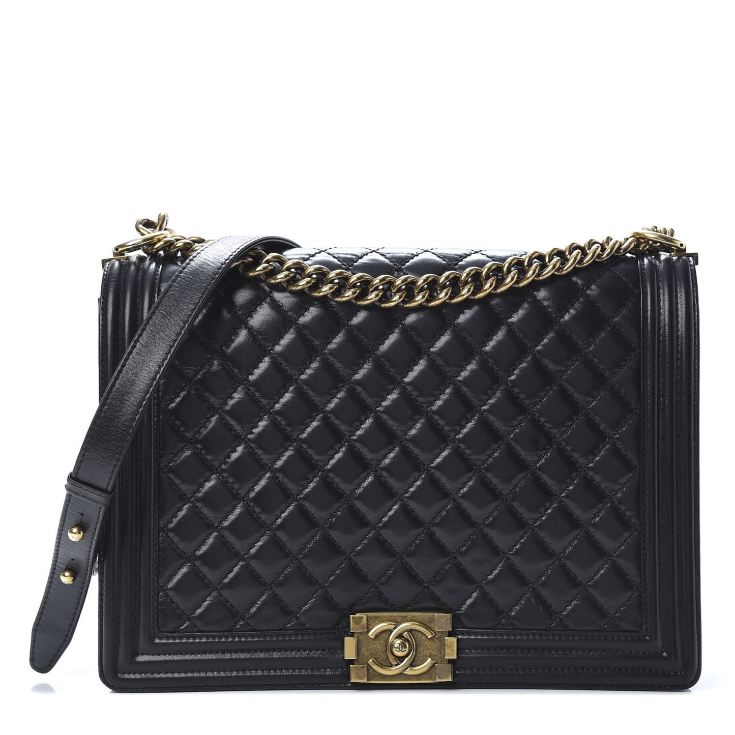 Glazed Calfskin Quilted Large Boy Flap Black