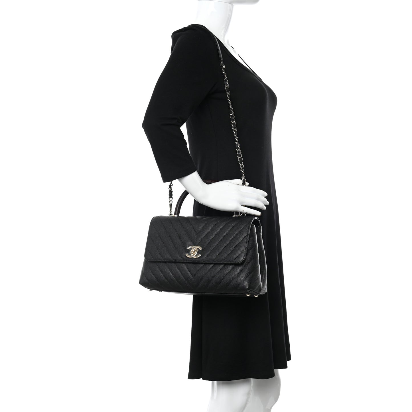 Caviar Lizard Embossed Quilted Chevron Small Coco Handle Flap Black