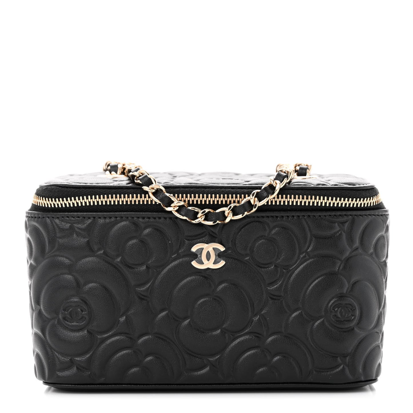 Lambskin Camellia Embossed Small Vanity Case With Chain Black