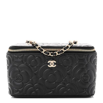 Chanel Lambskin Camellia Embossed Small Vanity Case With Chain Black 1 of 12