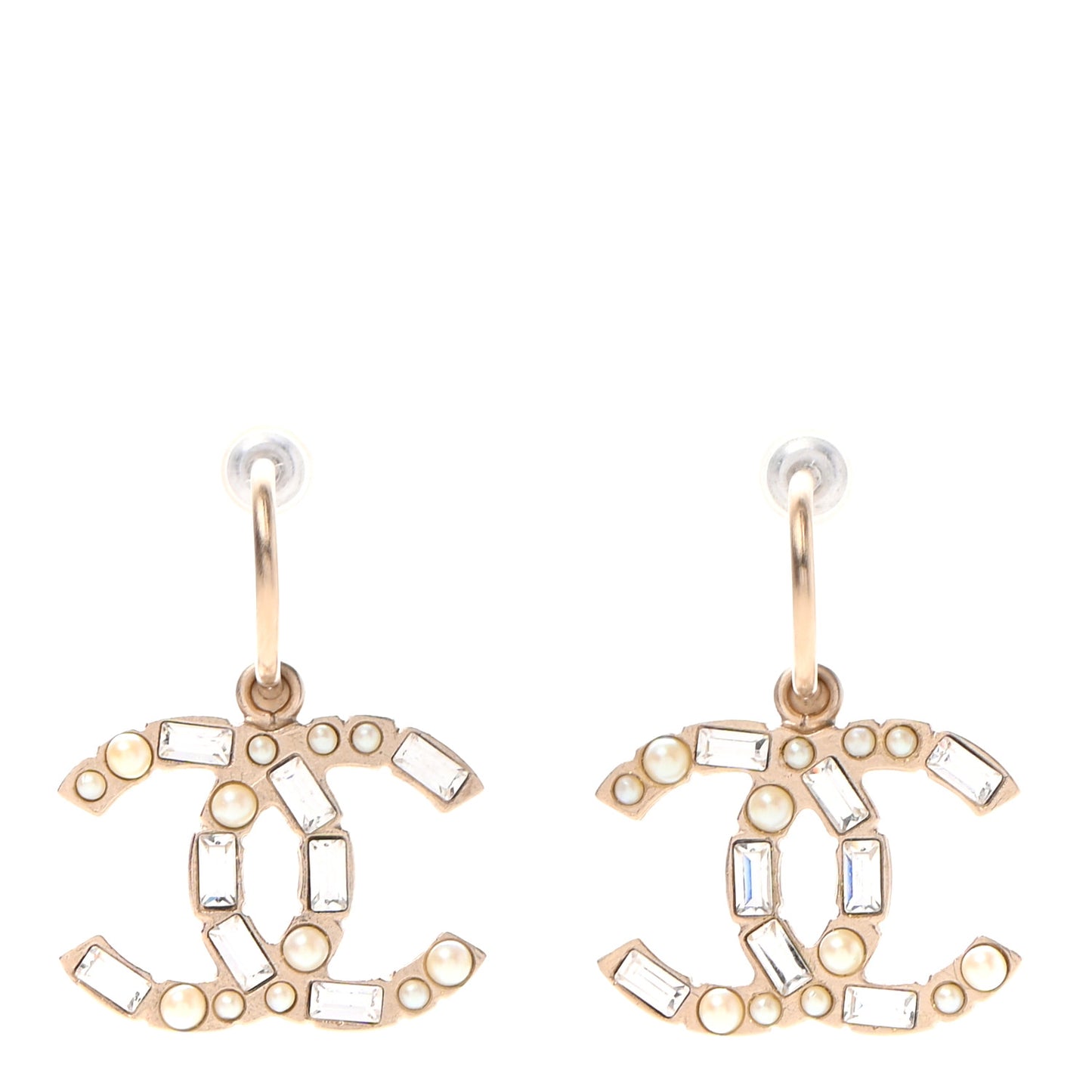 Pearl Crystal Baguette CC Loop Dangle Earrings