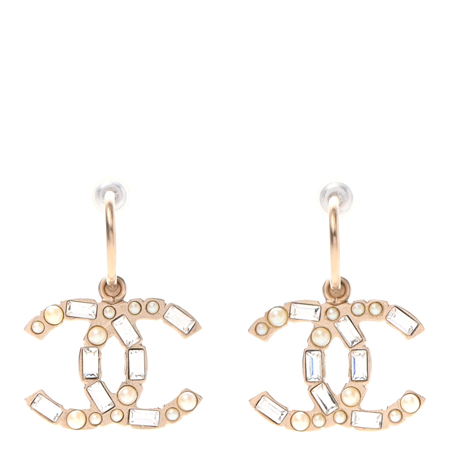 Chanel Pearl Crystal Baguette CC Loop Dangle Earrings 1 of 4