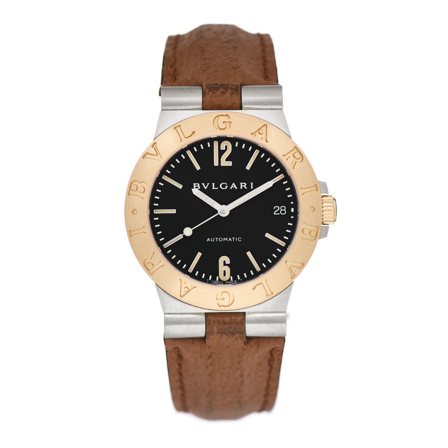 Stainless Steel 18K Yellow Gold Calfskin 35mm Diagono Automatic Watch Black