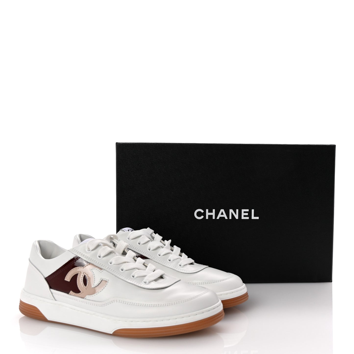 Calfskin Patent Womens CC Sneakers 37 White Burgundy Beige