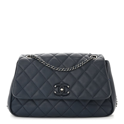 Chanel Calfskin Quilted Medium Frame In Chain Flap Navy 1 of 13