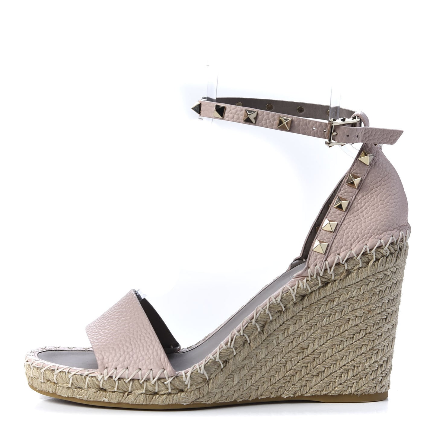 Grained Calfskin Rockstud Ankle Strap Espadrille 15/105mm Wedge Sandals 41 Poudre Natural