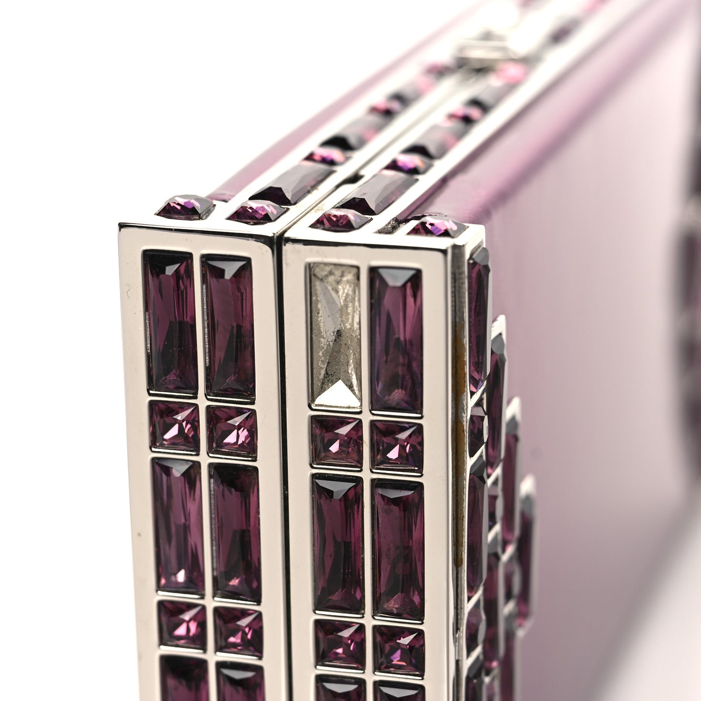 Metallic Calfskin Box Clutch With Chain Purple Silver