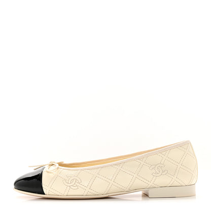 Chanel Lambskin Patent Double Stitched CC Cap Toe Ballerina Flats 39 Ivory Black 1 of 9