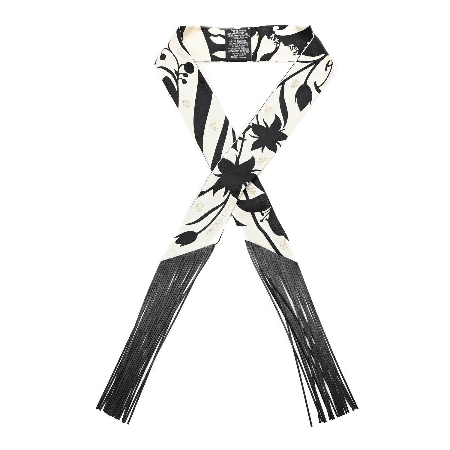 Hermes Silk Calfskin Bouquet Final Fringed Twilly Creme Black 1 of 3
