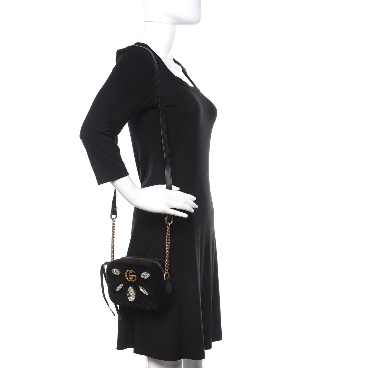 Velvet Matelasse Marquise Crystals Mini GG Marmont Chain Shoulder Bag Black