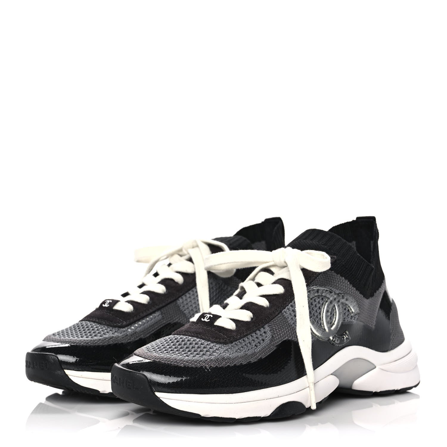 Chanel Fabric Suede Calfskin Stretch CC Sneakers 38 Black Grey 3 of 9