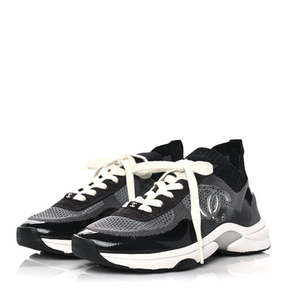 Chanel Fabric Suede Calfskin Stretch CC Sneakers 38 Black Grey 3 of 9