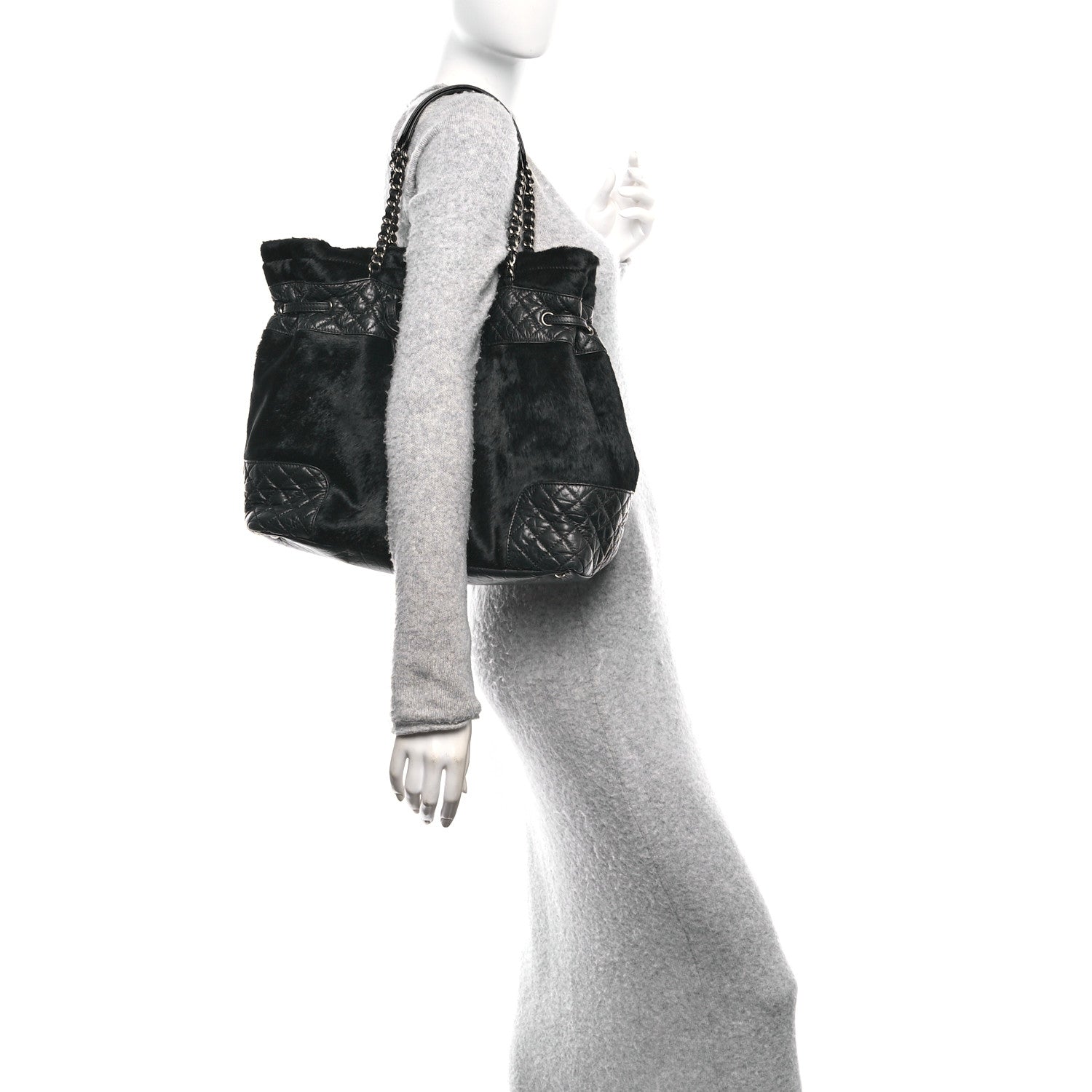Chanel Aged Calfskin Pony Hair Quilted Miss Pony Drawstring Tote Black 2 of 11