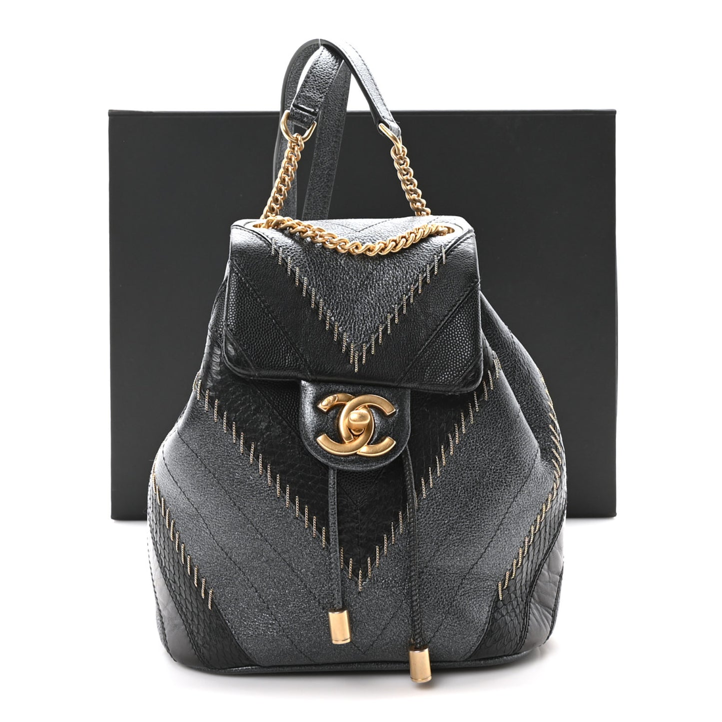 Metallic Calfskin Snakeskin Chevron Quilted Backpack Black Silver