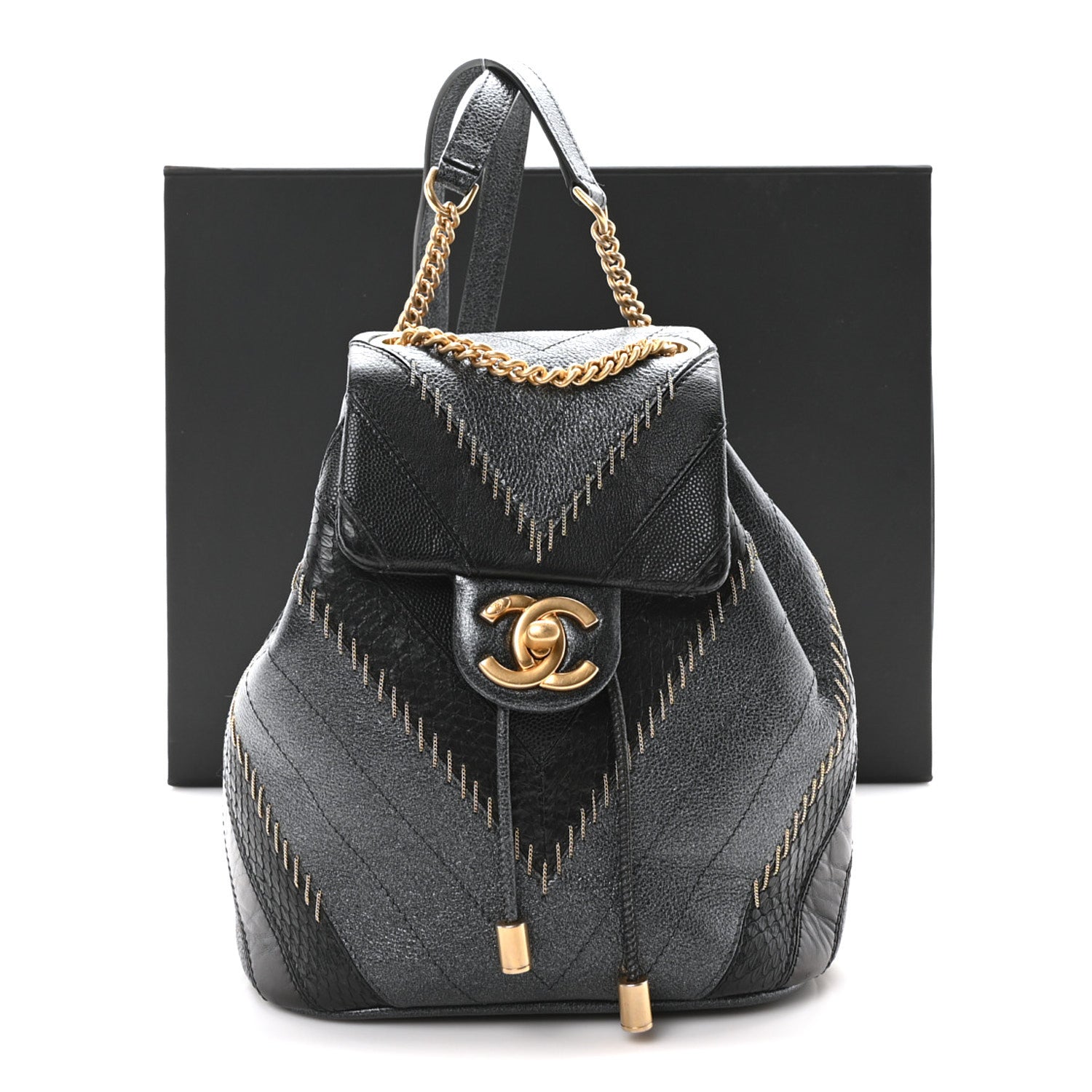 Chanel Metallic Calfskin Snakeskin Chevron Quilted Backpack Black Silver 9 of 11