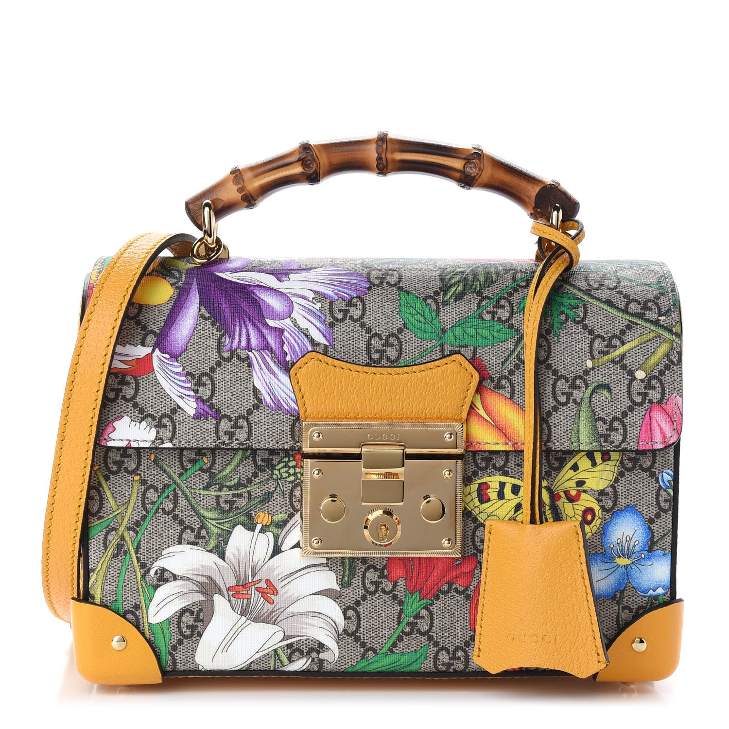 Gucci GG Supreme Monogram Flora Small Padlock Bamboo Shoulder Bag Beige Multicolor Crop 1 of 9