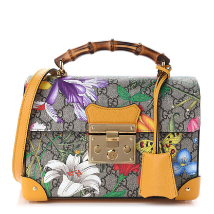 Gucci GG Supreme Monogram Flora Small Padlock Bamboo Shoulder Bag Beige Multicolor Crop 1 of 9