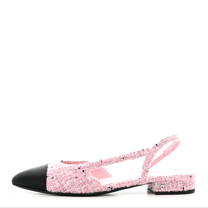 Chanel Tweed Grosgrain Cap Toe Slingback Flats 39 Pink White Black 1 of 10