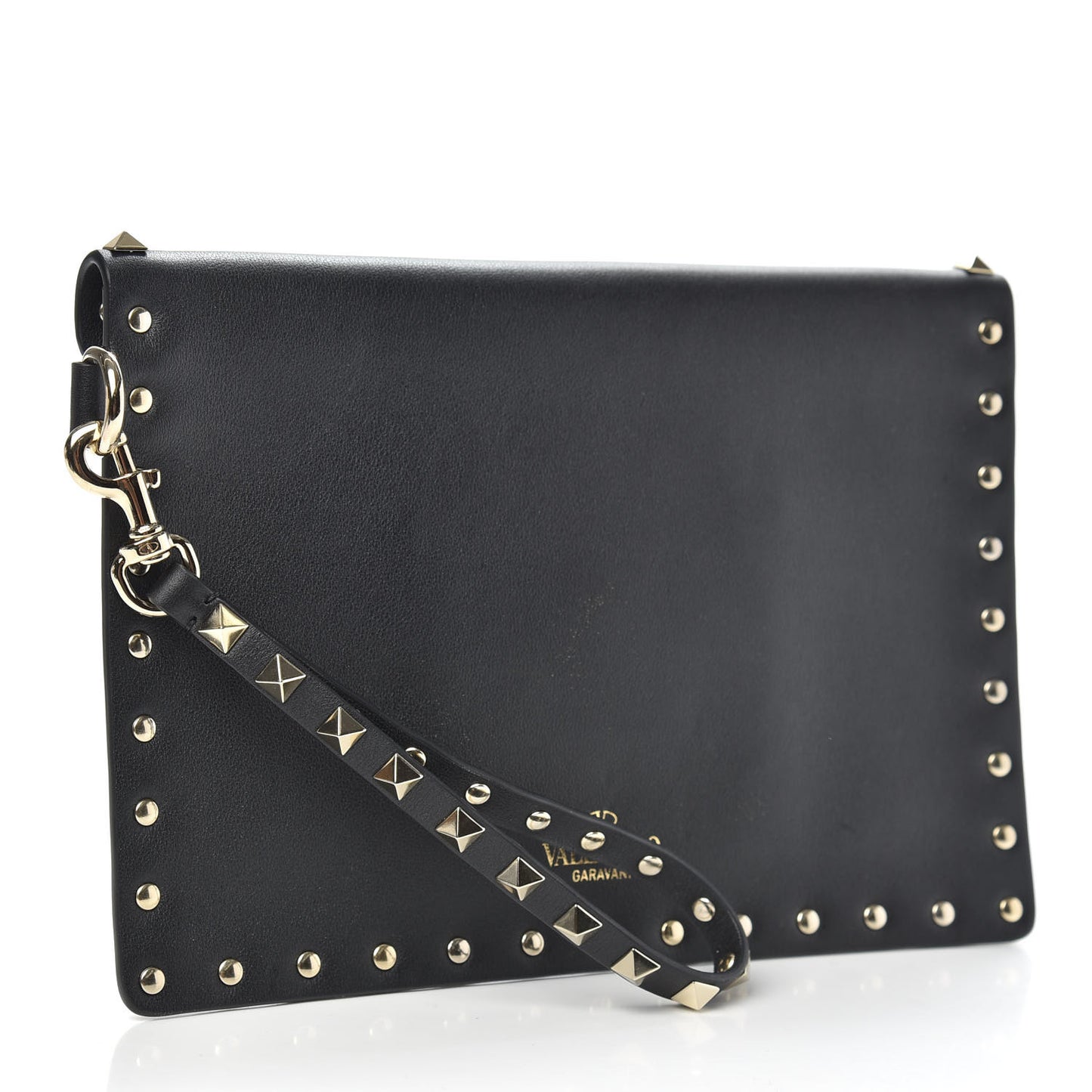 Vitello Medium Rockstud Envelope Flat Wristlet Pouch Black