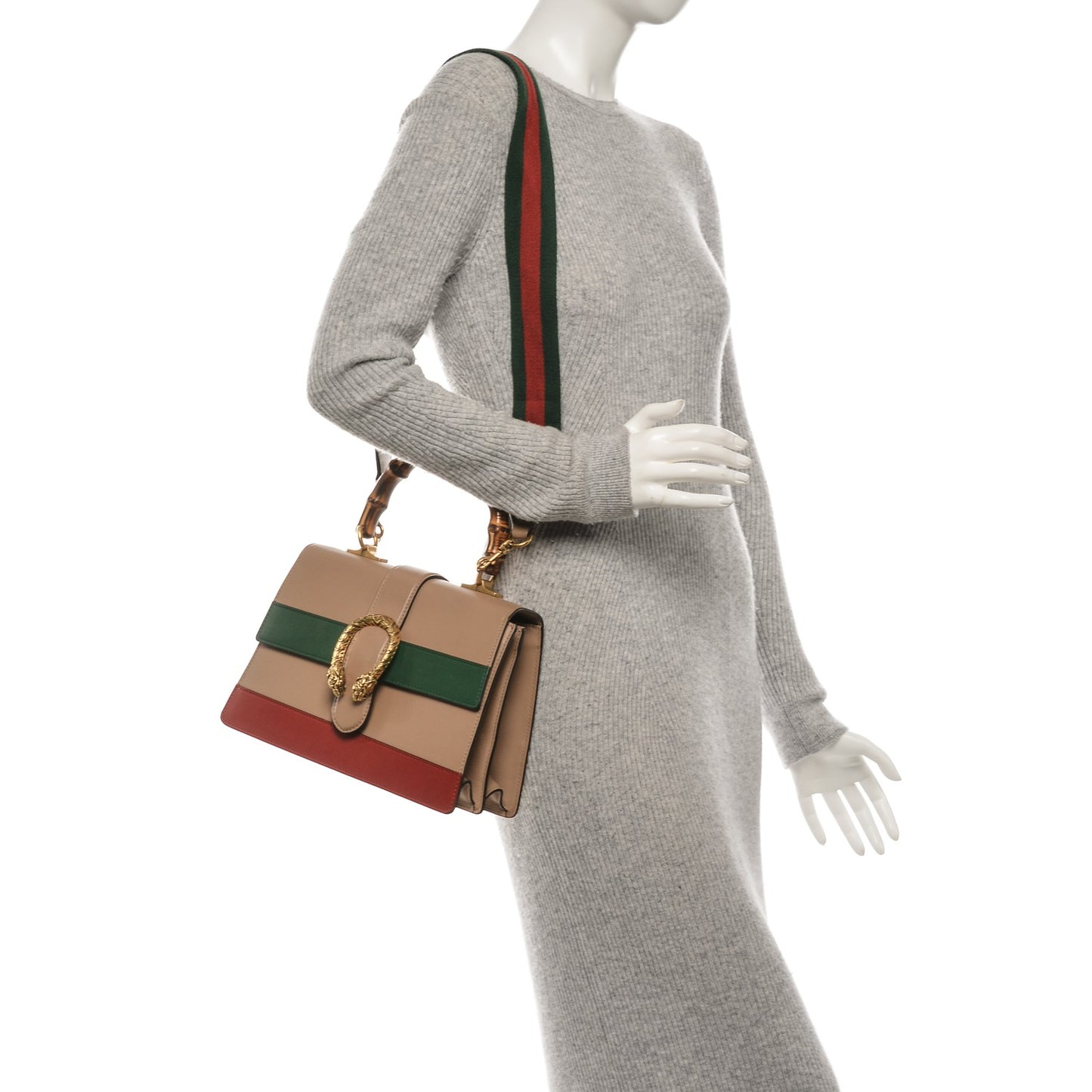 Calfskin Bamboo Web Medium Dionysus Top Handle Bag Camelia Bright Evergreen Hibiscus Red