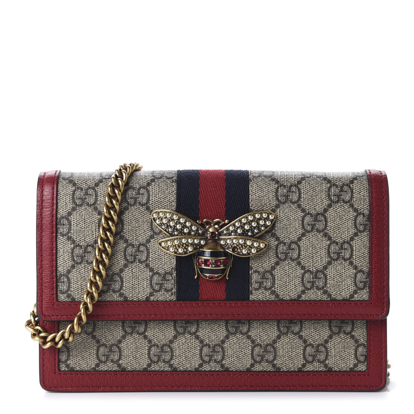 GG Supreme Monogram Web Queen Margaret Chain Wallet Red