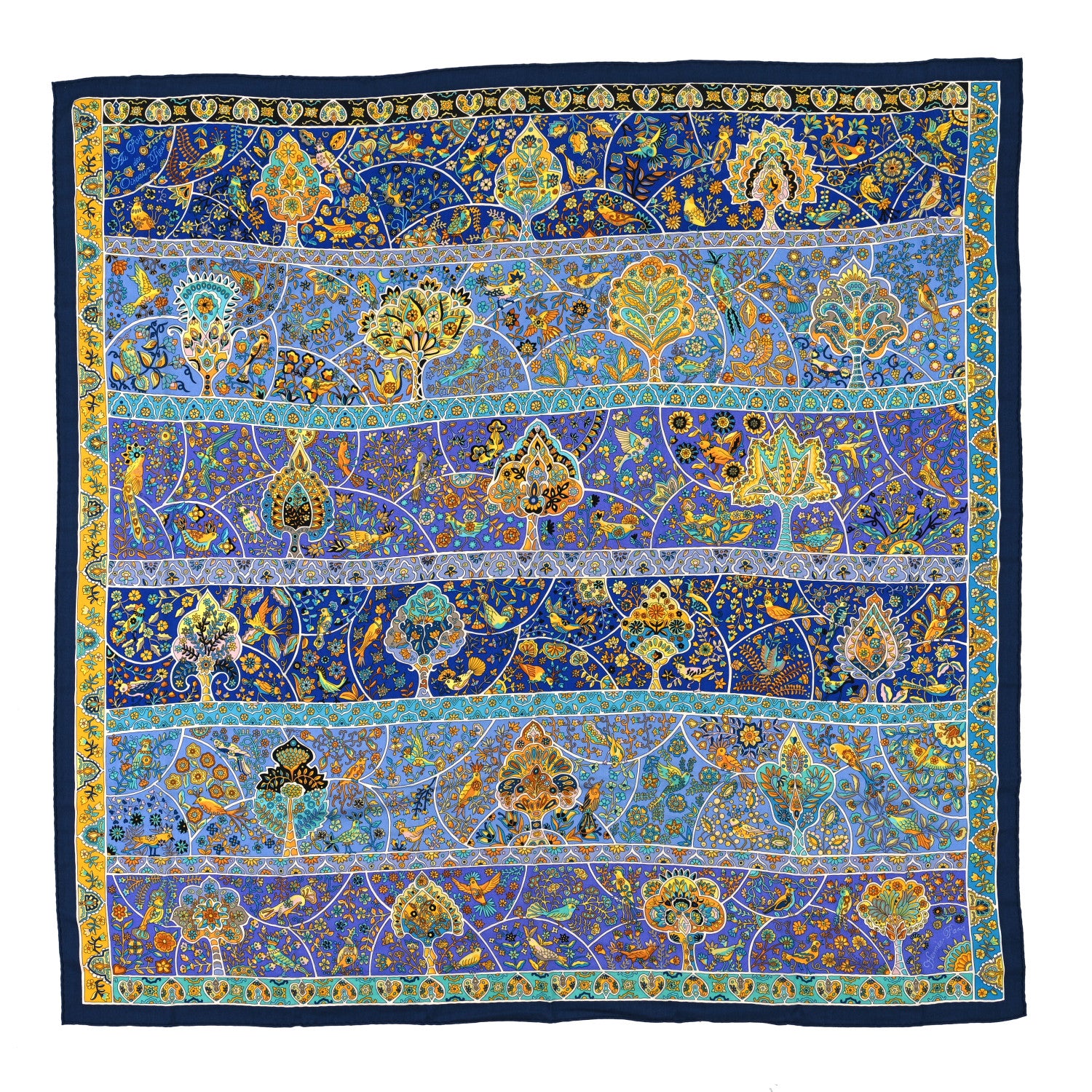 Hermes Cashmere Silk Au Pays Des Oiseaux Fleurs Shawl 140 Marine Turquoise Jaune 1 of 4