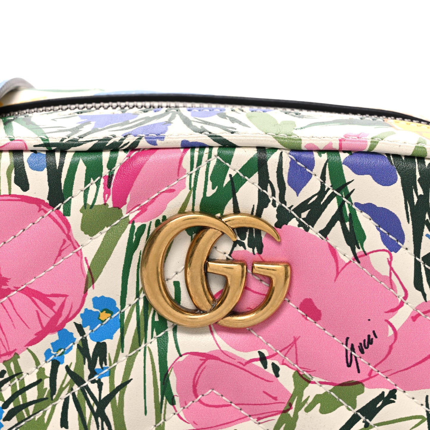 X KEN SCOTT Calfskin Matelasse Floral Print Mini GG Marmont Chain Shoulder Bag Ivory Pink