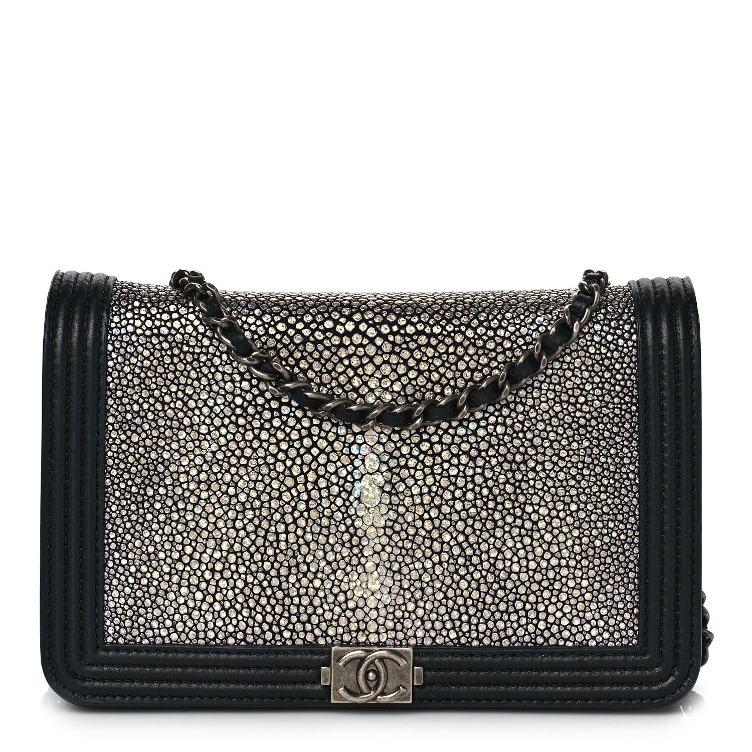 Chanel Galuchat Stingray Lambskin Boy Wallet On Chain WOC Black 1 of 12