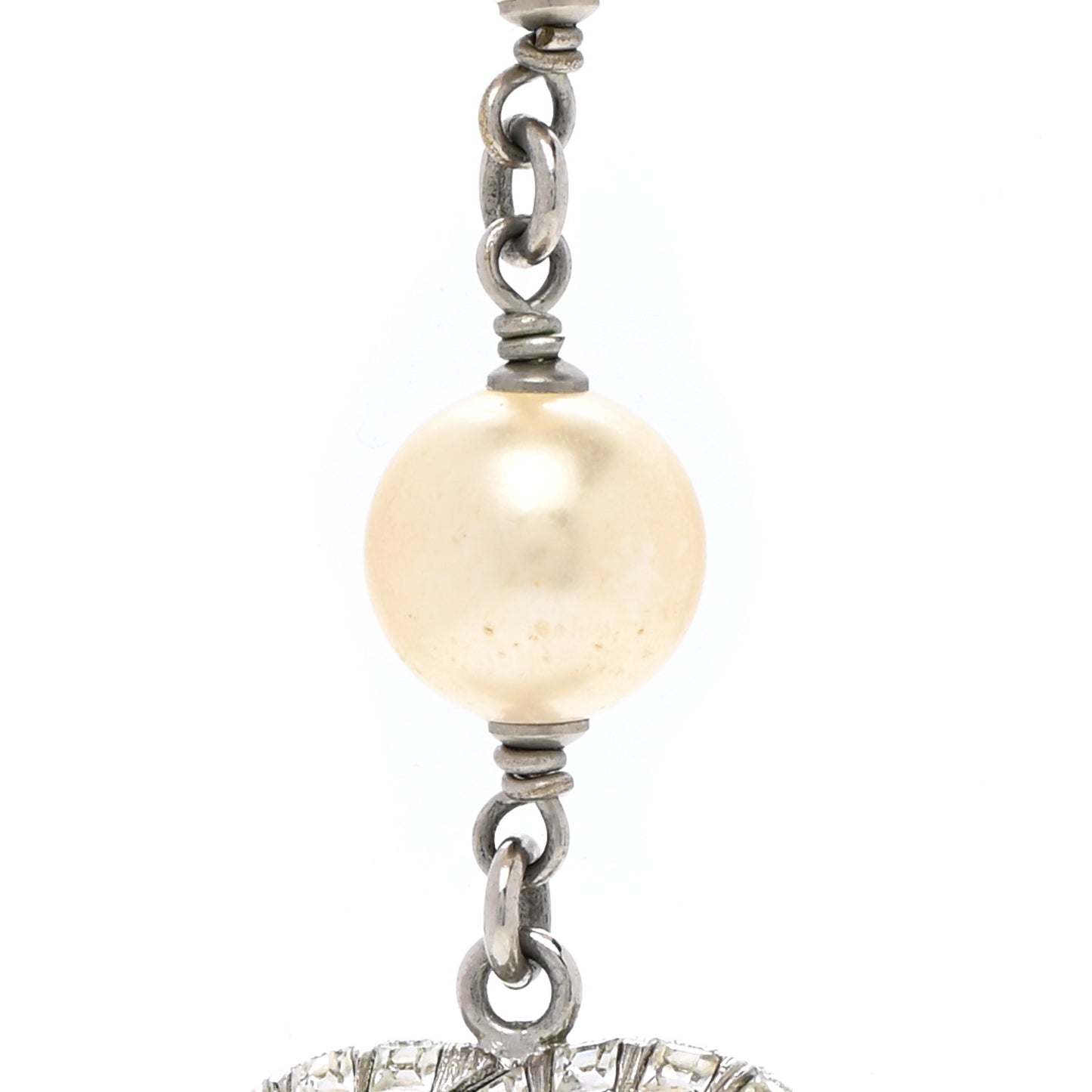 Pearl Baguette Crystal CC Long Necklace Silver