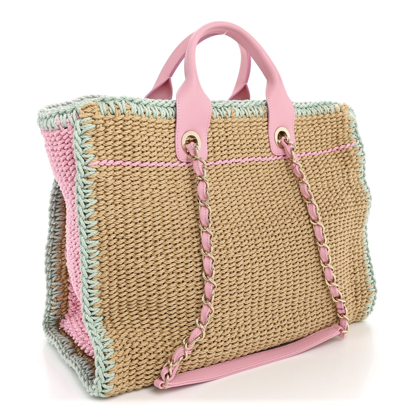 Raffia Crochet Medium Deauville Tote Beige Light Pink Green