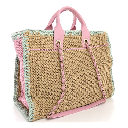 Chanel Raffia Crochet Medium Deauville Tote Beige Light Pink Green 4 of 11